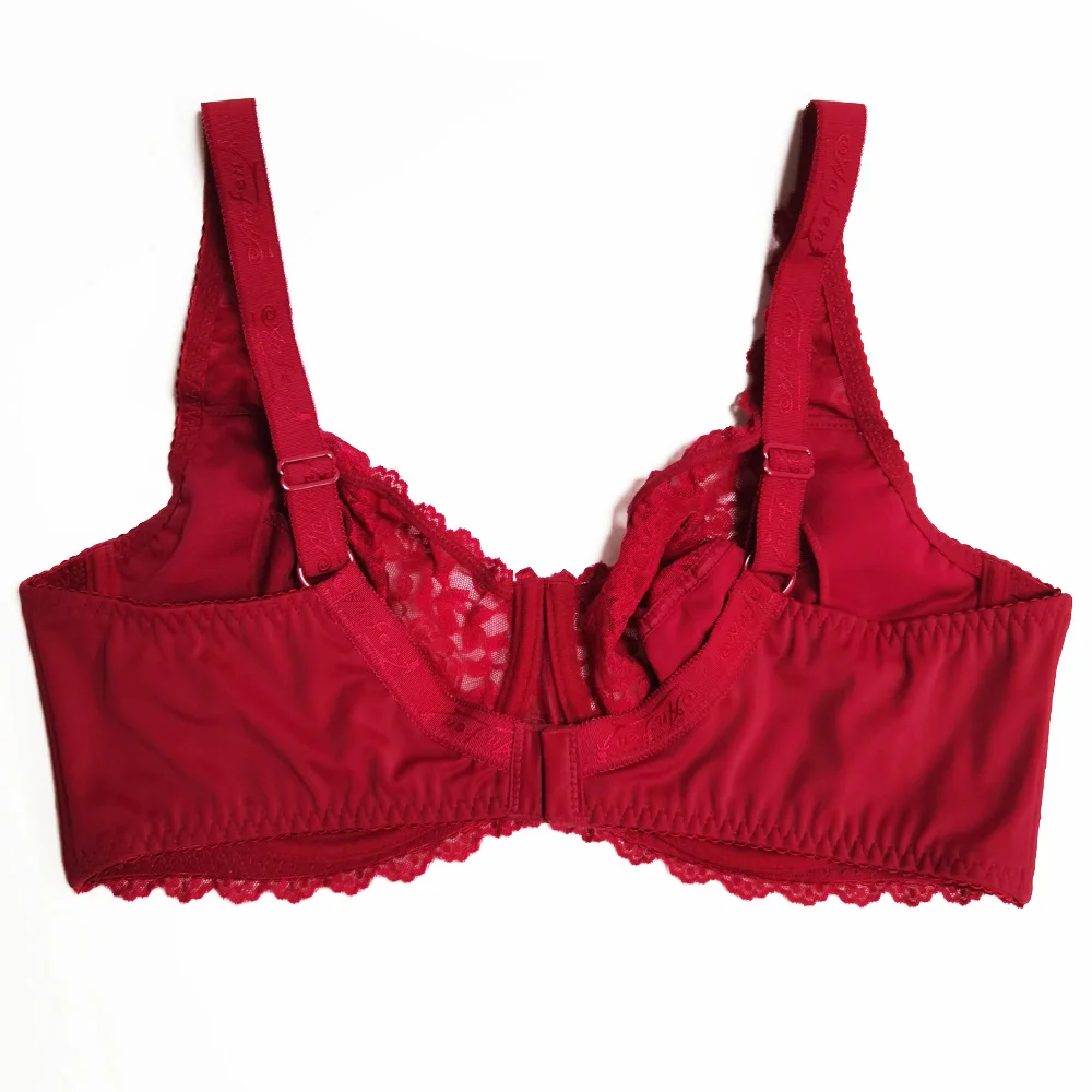 Women Lace Bra Full Coverage Bras Red Underwire Unlined Big Size Floral C D E F G H I 34 36 38 40 42 44 46