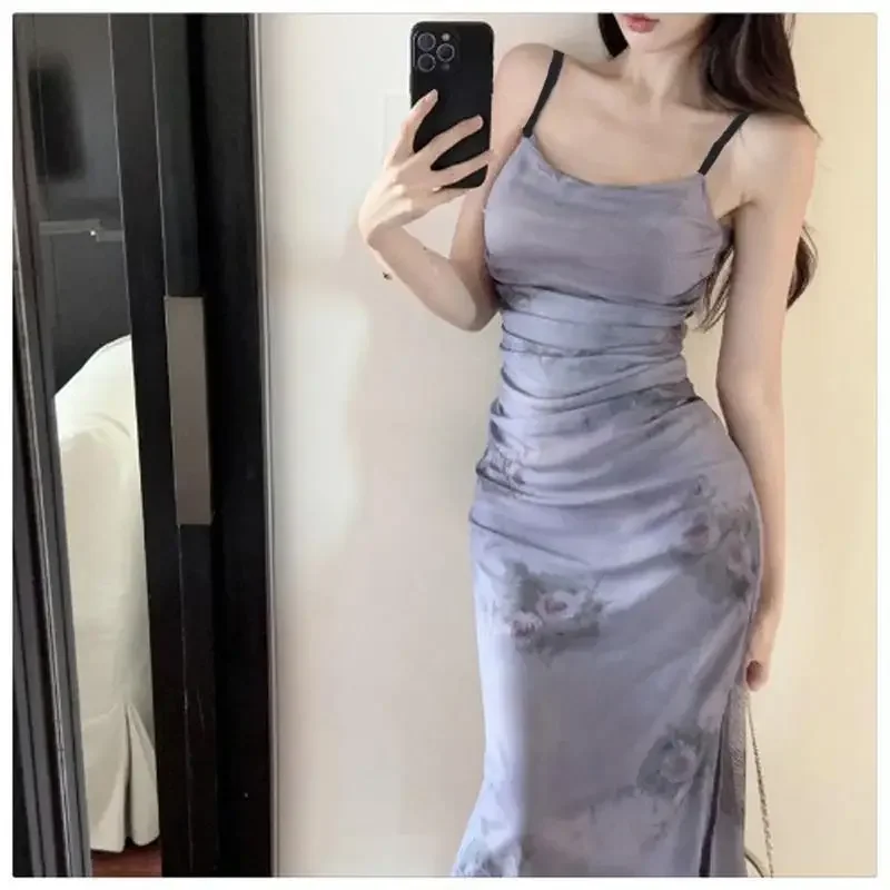 French Style Tank Dress Summer New Flower Tie Pleated Sexy Slims Smooths Your Silhouette Slimming Side Slit Long For Women