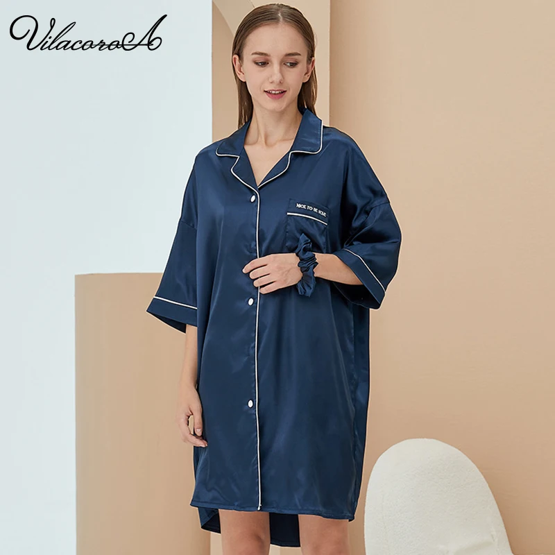 

Ice Silk Pajamas Half Sleeve Solid Casual Nightdress V Neck Robe Shirt For Women High Quality Satin Soft Nightie Lady Clothes