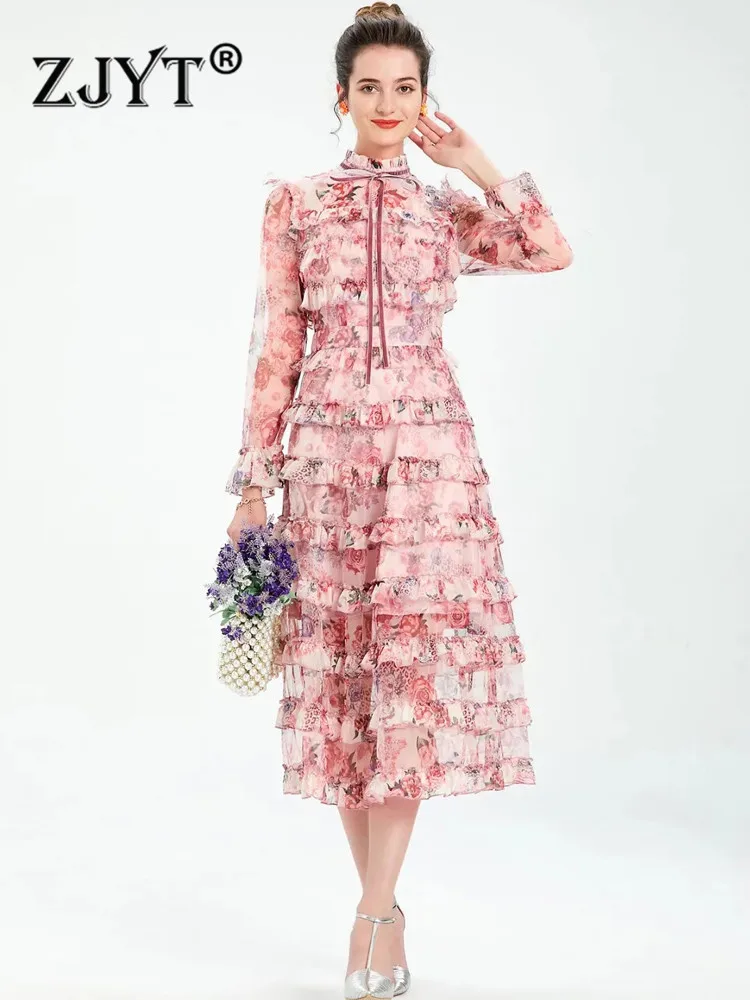 

ZJYT Runway Fashion Luxury Cascading Ruffle Floral Print Long Mesh Dress for Party Event Occation Women Elegant Sweet Vestidos