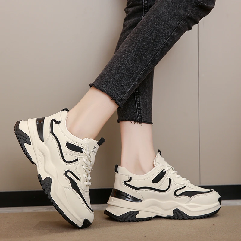 

Женские спортивные туфли, толстая подошва, на шнуровке, Вулканизированная подошва, круглый носок, удобные, осень