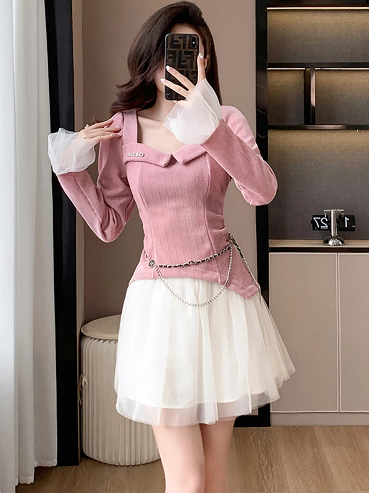 Женское розовое лоскутное белое сетчатое плиссированное платье из синели