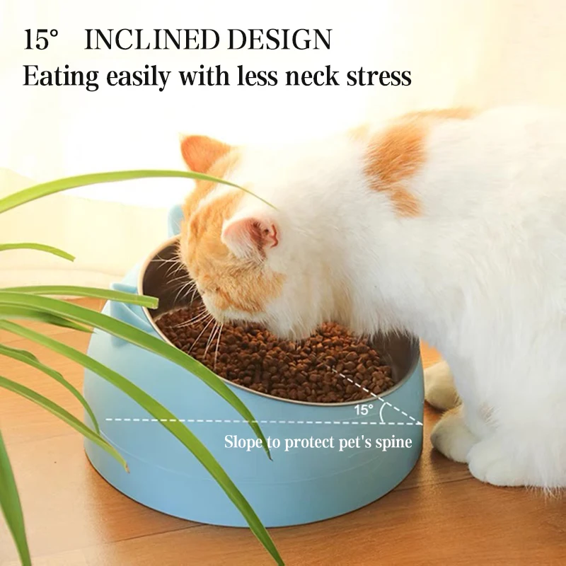 

15 Degrees Cat Dog Bowl Raised Tilt Safeguard Neck Pet Bowl Stainless Steel Non Slip Puppy Base Cat Food Drinking Water Feeder