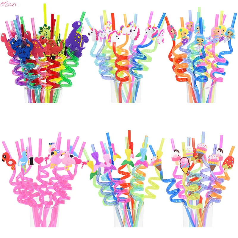 

4/8pcs Reusable Unicorn Mermaid Flamingo Straw Smoothie Animal Drinking Straws Mermaid Theme Dinosaur Kids Fruit Party Supplies