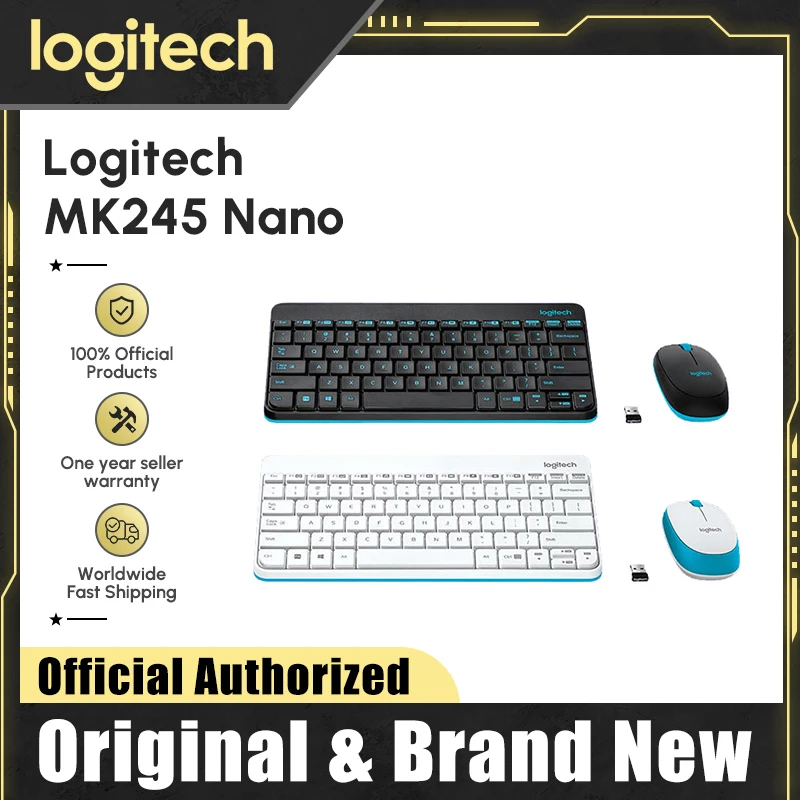 

Клавиатура Logitech MK245 Nano Беспроводная комбинированная с мышью, черная, белая, синие буквы, компактная клавиатура с USB-приемником, подключи и ра...