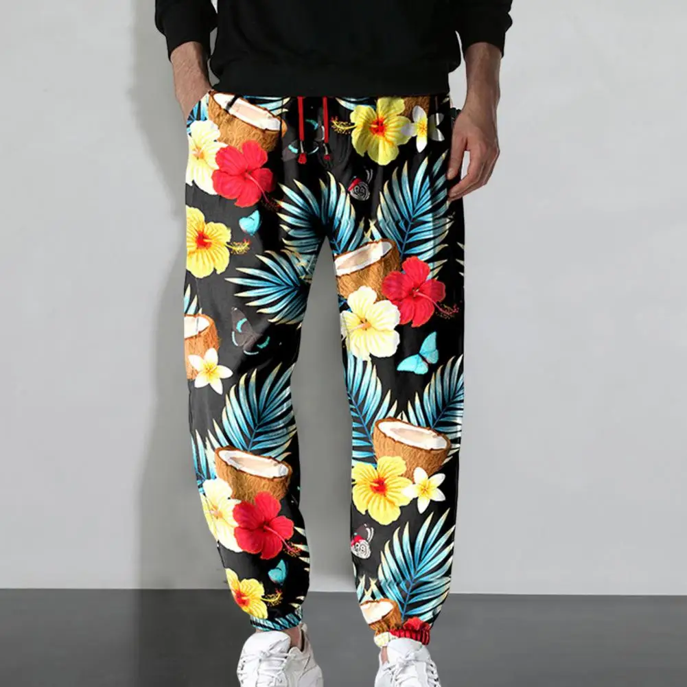 

Popular Men Pants Hawaiian Print Elastic Waist Drop Crotch Hip Hop Ankle Tied Bottoms Relaxed Fit Bohemian Trousers for Beach
