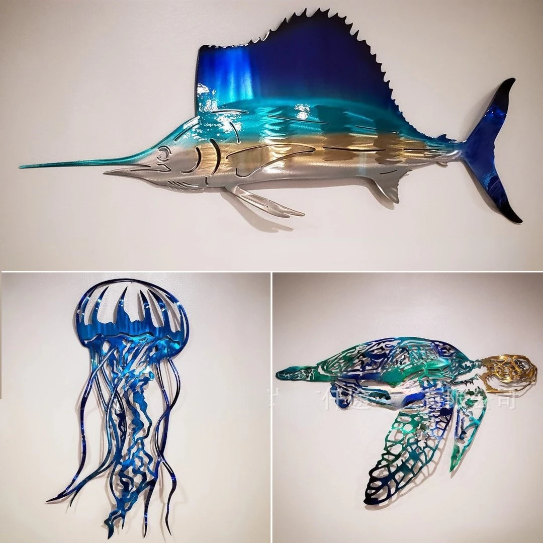 

Metal Art Sailfish Sea Turtle Jellyfish Interior Decoration Crafts Wall Hanging Stickers Mount Decoration Blue Home Decor Gift