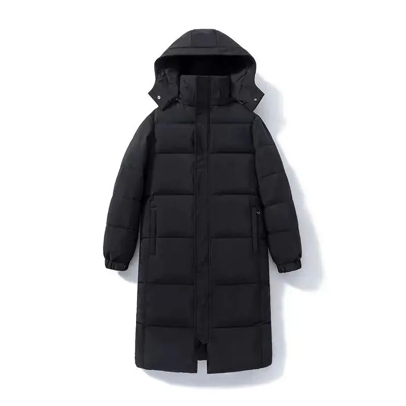 Women Beige Long Hooded Parkas 2022 Autumn Winter Long Sleeve Buttons Pockets Female Warm Coat Thick Cotton Jacket