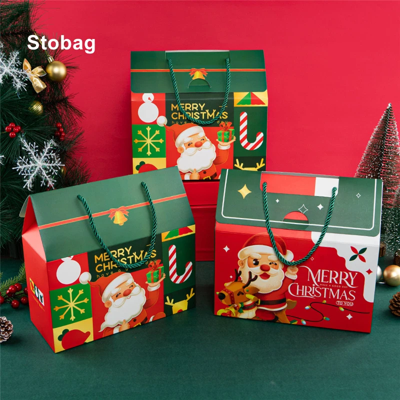 

StoBag 4/12pcs Marry Christmas Gift Packaging Box with Handle Santa Claus Candy Kids Child Holiday Happy New Year Party Favors