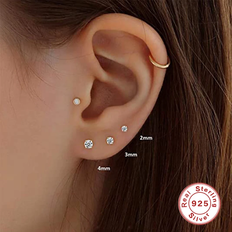 CANNER 3pcs/set Bling Zircon Earring 925 Sterling Silver Cute Mini Heart Star Stud Earrings Ear Bone Earlobe Piercing Jewerly