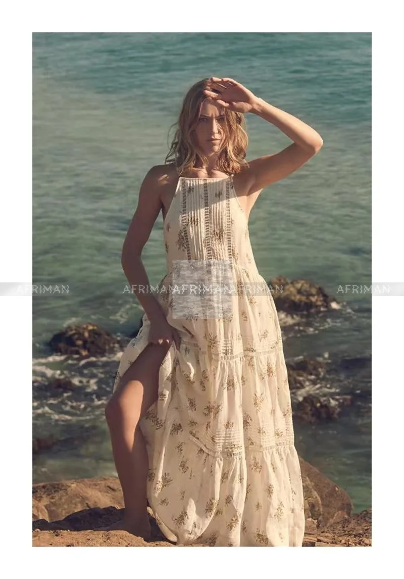 

2023 New Resort Style Sexy Strapless Floral Print Hollow Out Patchwork Women Summer Beach Loose Long Linen Dress