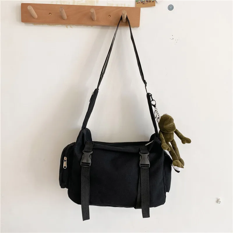 Black Crossbody Bags Women Design Pockets Canvas Large Capacity Tote Dark Academia Retro Cross-body Bag Unisex BF Japanese Style