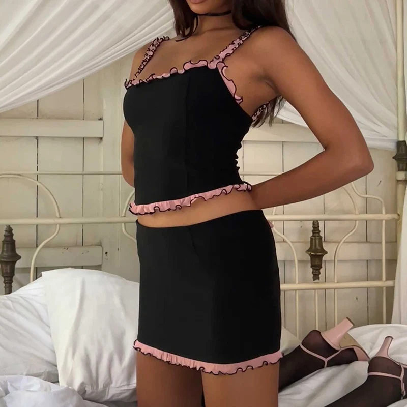 

Y2K Hotsweet Pink Ruffles Trim Backless Tie Up Camis Crop Tops + Black Mini Skirt Fairycore Cute 2 Piece Set Women Outfits