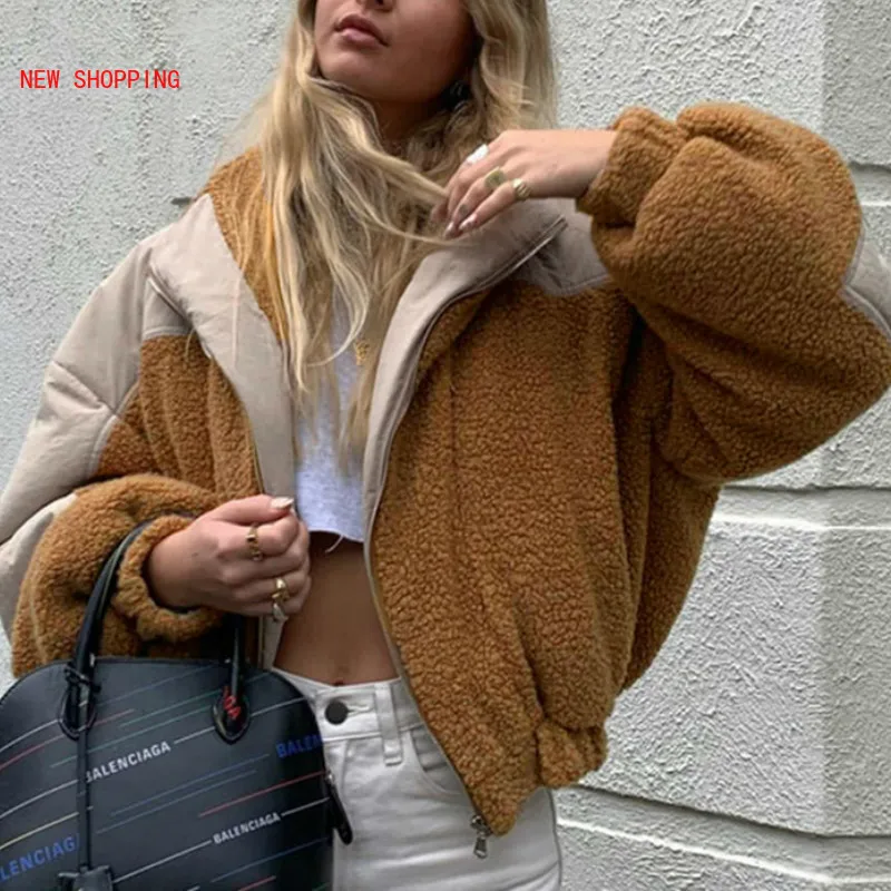 Patchwork Teddy Bubble Parkas Women Winter Thick Warm Cotton Coats High Quality Outwear Fur Trim Hooded Faux Fur Jacket Coats