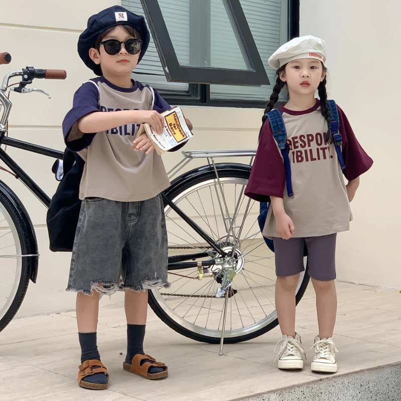 

2023 Summer New Kids T-shirts Boys Girls Fashion Casual Color Block Letter Short Sleeve T-shirt Children's Casual Round Neck Top