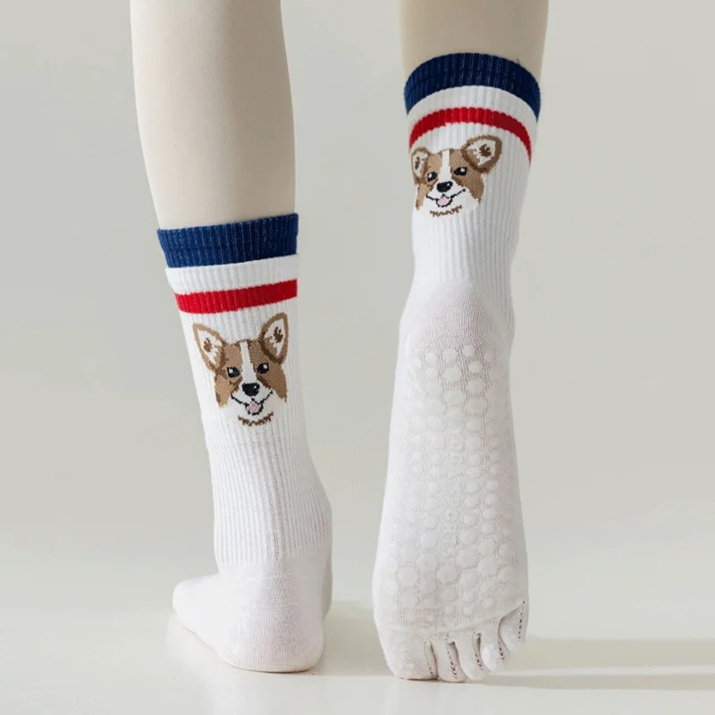 

Women Five Finger Cotton Socks Silicone Anti-Skid Fitness Yoga Socks Middle Tube Breathable Split Toe Pilates Cat Print Supplies
