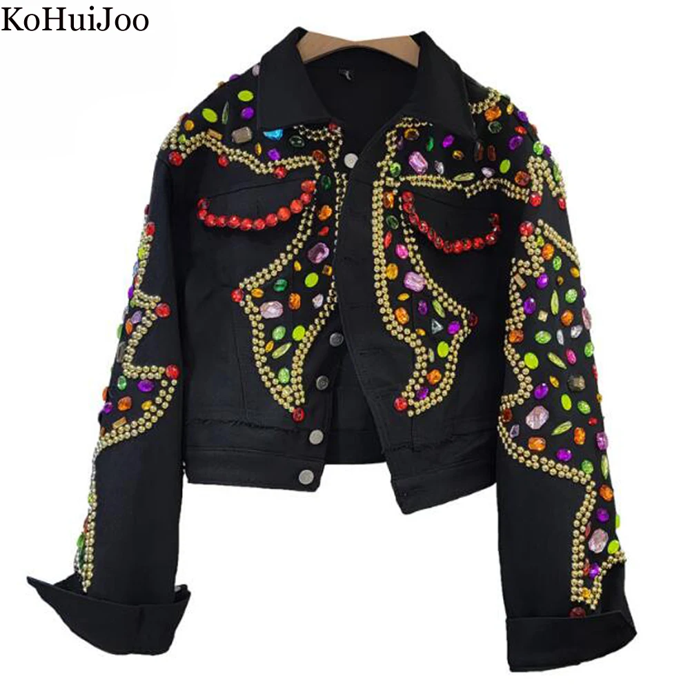 KoHuiJoo Denim Jackets for Women 2022 Europe 2022 Autumn New Heavy Beading Rhinestone Loose Tops Fashion Overcoat Woman Coat