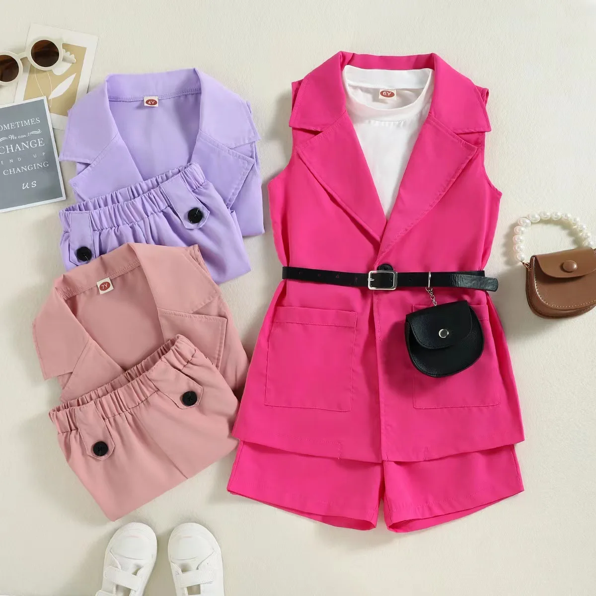 

Infant Baby Girls Outfit Se 2022 Spring and Summer Girls Suit Collar Sleeveless Jacket Shorts Waist Bag Three-piece Suit