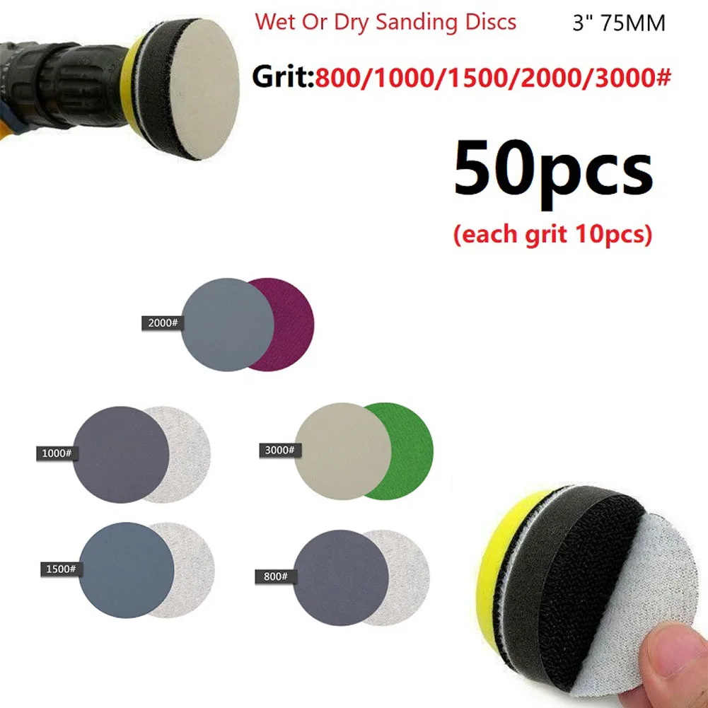 

50PCS 3Inch Silicon Carbide Sanding Discs Wet/Dry Sanding Sandpaper For Car Metal Grinding Polishing Tools 800 To 3000 Grit