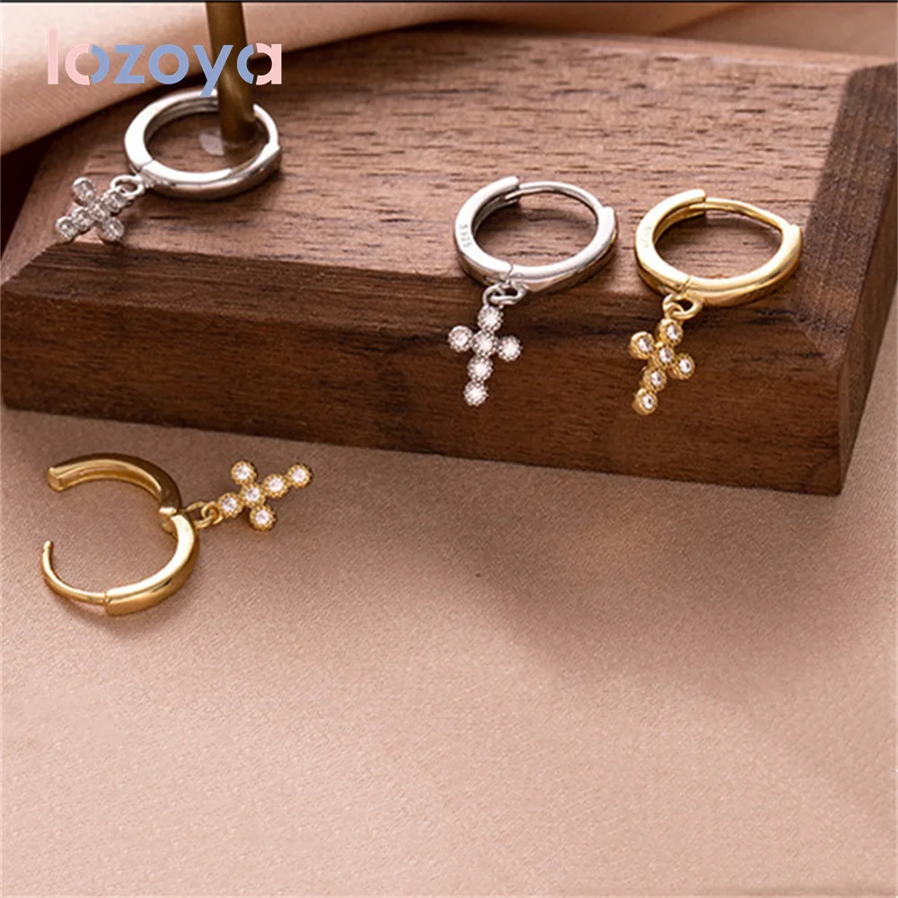 

Lozoya Women's Cross Earrings 925 Sterling Silver Fashion Temperament Zircon CZ Ear Buckle Simple Hoop Earrings Fashion Jewelry