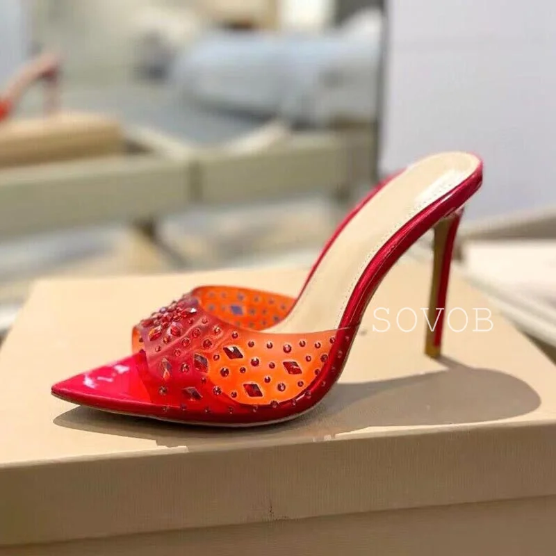 Летние туфли с острым носком из ПВХ Bling Crystal женские универсальные на высоком