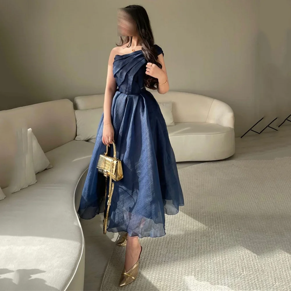 

Navy Blue Vintage Organza One Shoulder Prom Dresses with Pleats A-Line Tea Length Robe De Soiree Formal Party Dresses for Women