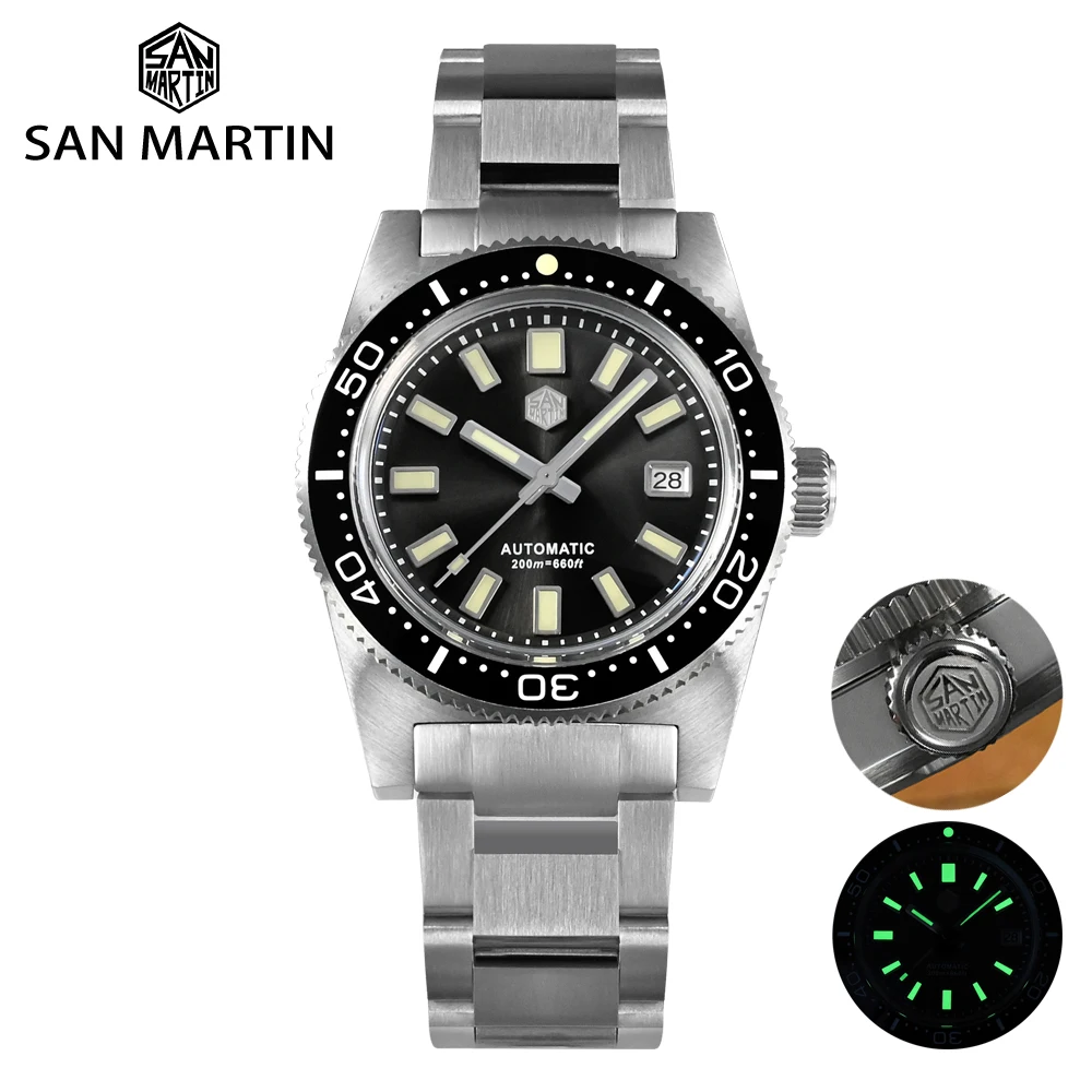 

San Martin Sapphire Crystal 62mas 37mm Diver Men Watch Classic Luxury PT5000 Automatic Mechanical Watches Date 20Bar C3 Luminous