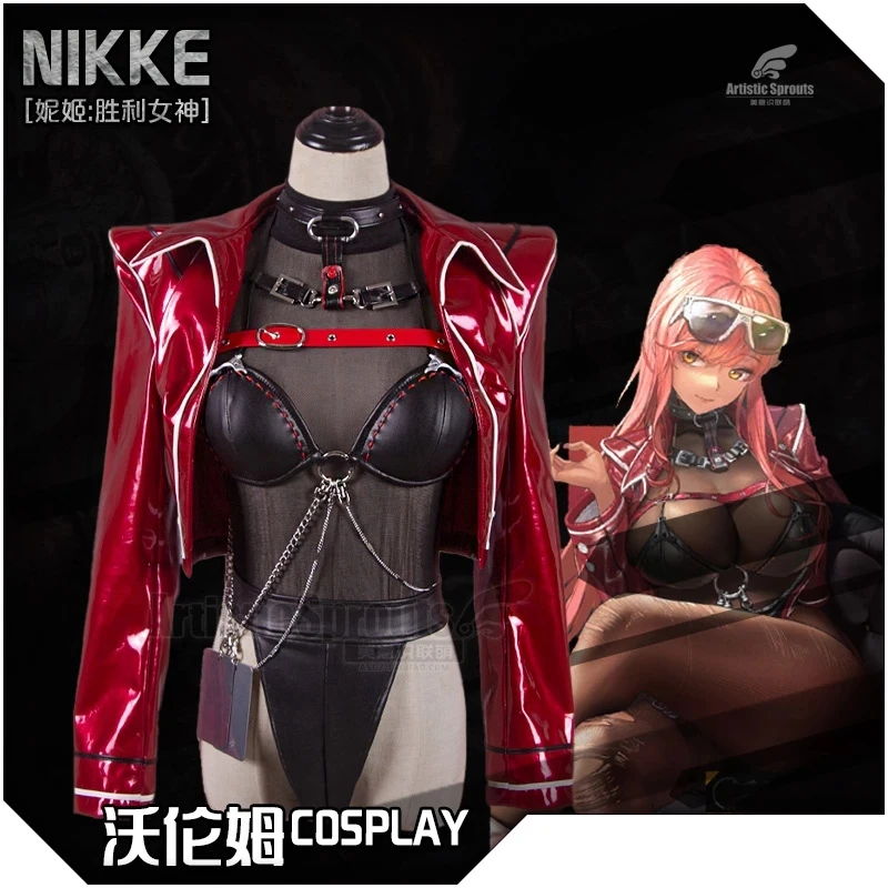 

Anime Game NIKKE The Goddess of Victory Cosplay Costumes Vorenum Black Jumpsuit PU Jacket Halloween Women Sexy Straps Uniforms