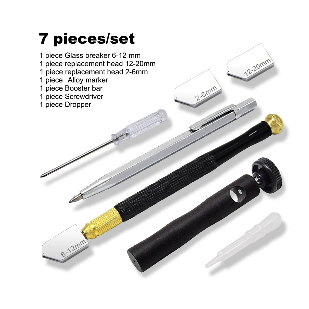 

7pcs/set Glass Slicers Anti-slip Tile Breaker Opener Set Metal Handle Mirror DIY Craft Household Tools with Replacement Heads