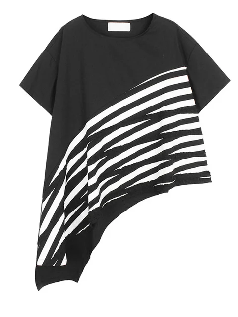 

Женская Асимметричная футболка в черную полоску, Повседневная футболка большого размера с круглым вырезом и коротким рукавом, новинка весны-лета 2023, M467