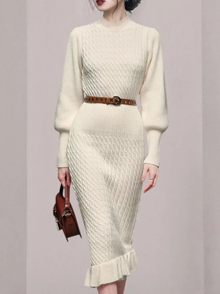 

Женское платье-свитер SMTHMA, длинное трикотажное платье-Русалка с оборками и поясом