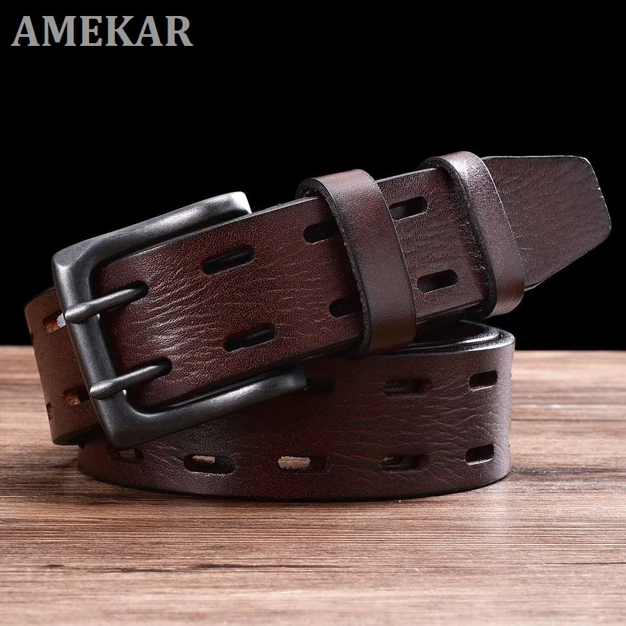 

Ремень мужской из натуральной кожи с двойной пряжкой, Классический Модный деловой пояс с вырезами для джинсов