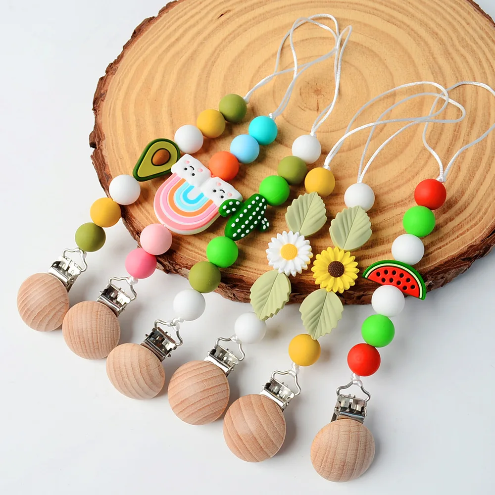 

Baby Silicone Pacifier Clips Bebe Teether Pacifier Chain Niple Holder Girl Cartoon Avocado Silicone Teething Beads Newborn Gifts