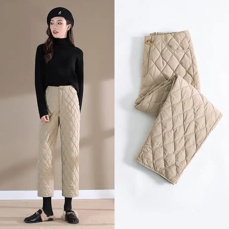 

Women's Pants Quilted Warm Wide Leg Pants Korean Fashion Casual Button Fly Autumn Winter Ankle Length Solid Trousers Female New