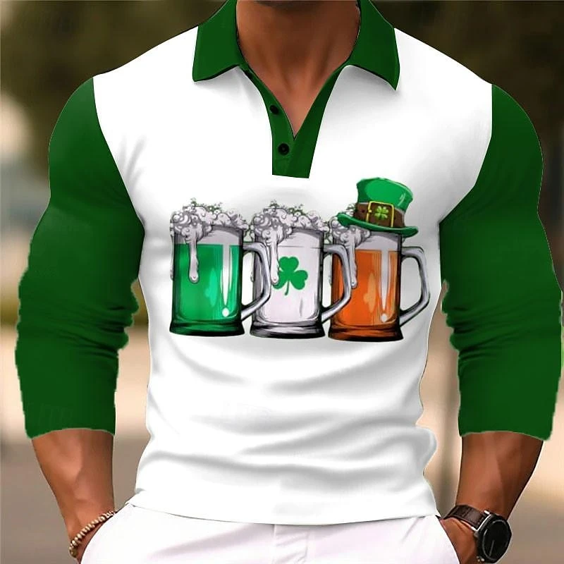 St. Patrick Beer Pattern Polo Shirt Fashion Casual Long Sleeve Mens 3D Four Leaf Clover Printed T Loose Streetwear Tops