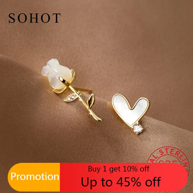 

Fashion INS Real 925 Sterling Silver Shell Flower Plant Heart Stud Earrings For Women Classic Fine Jewelry Asymmetrical Bijoux