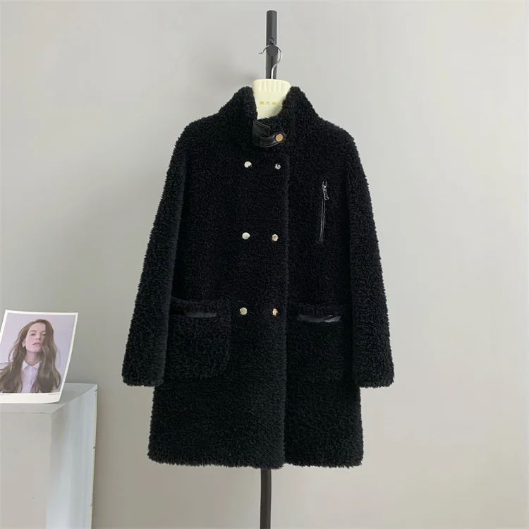 

Sweet genuine wool Cool Girl 100% Lamb Wool Women's Sheep Shearing Coat Black Imported Korean Australian Stand Collar Double Row