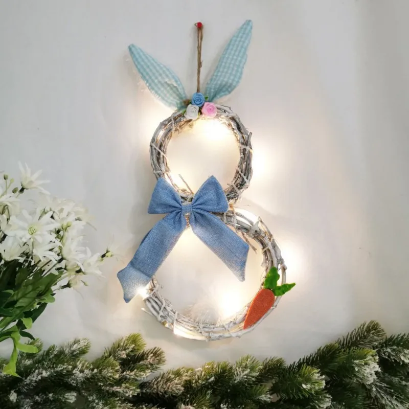 

Easter Rabbit Wreath Decor with Lights for Front Door Wreath, Bunny Shape Garland Wall Decor Decorating Rattan Circle