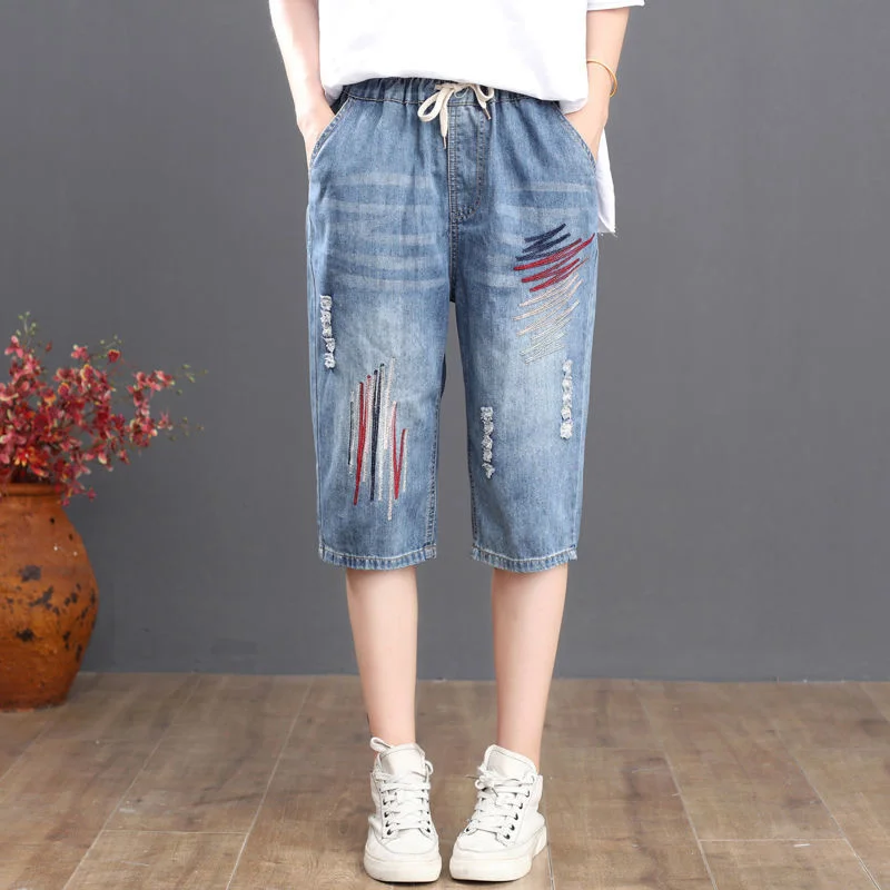 

Vintage Jeans Capris Women's Summer Embroidery Harem Denim Pants Loose Casual Calf-Length Pants Blue Baggy Short Trousers