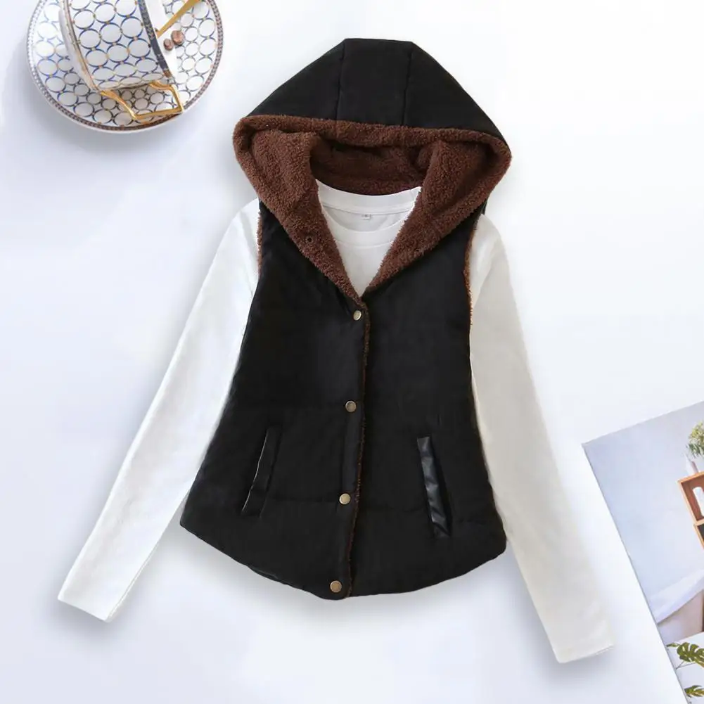 

Vest Women Single-Breasted Slant Pockets Candy Color Vest Overcoat Women Winter Hooded Velvet Lining Cotton Padded Waistcoat