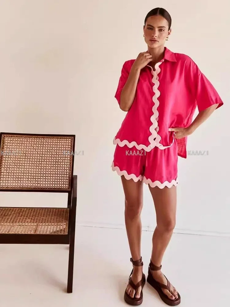 Повседневная Женская рубашка с коротким рукавом топ костюмы летние шорты