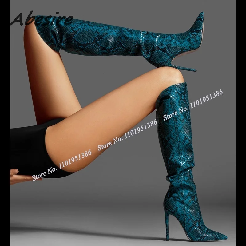 Abesire Blue Slip on Snakeskin Print Boots Knee High Pointed Toe Stiletto Shoes for Women High Heels Winter Zapatillas Mujer