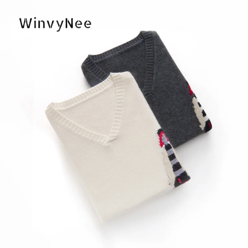 Фото Женская трикотажная блузка WinvyNee из кашемира с жаккардовым узором, толстым V-образным вырезом, длинными рукавами, с мультяшным рельефным принтом, мягкая, уютная, повседневная, модная, A1734001 №4