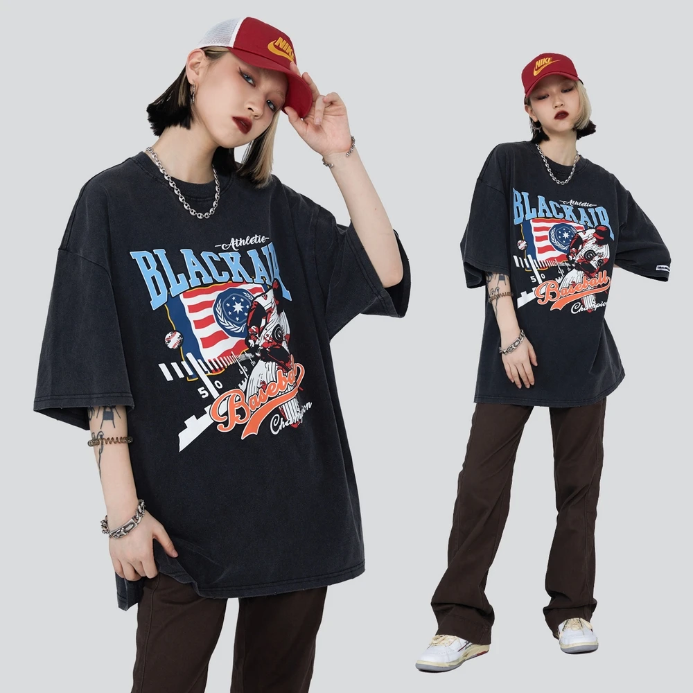 

Sports letter print retro loose short sleeved t shirt men street wear vintage fashion clothing women oversized tees