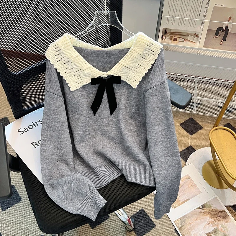 Милые свитера с воротником Питера Пэна для женщин универсальный пуловер