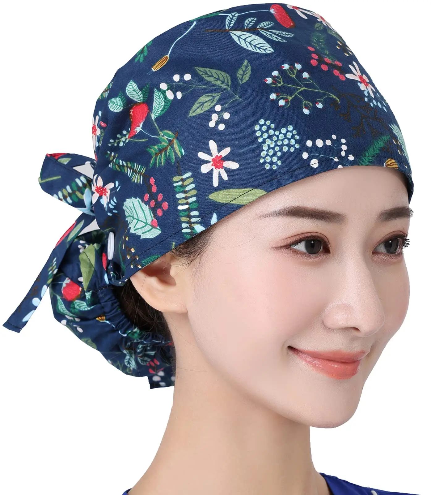 Long Hair Scrub Women Working Hats Surgical Bouffant Caps Tie Back Nurse Hat With Buttons Adjustable Ponytail Holder