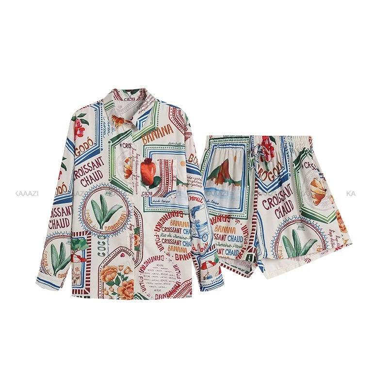 Женские свободные брючные костюмы рубашка с длинным рукавом и графическим