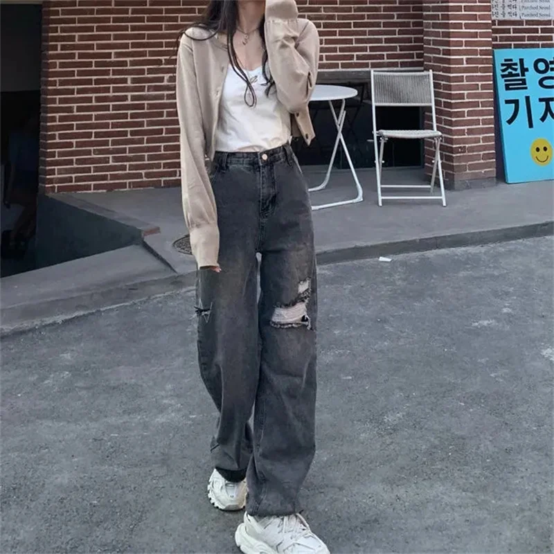

Women's Pants Black Ripped Hole Wide-Leg Jeans 2022 Loose High Waist Streetwear Straight-Leg Trousers High Street Korean Denim