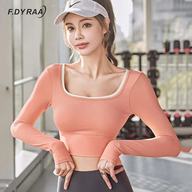 

F.DYRAA Woman Sports Top U Neck Long Sleeve Shirts With Thumb Holes Contrast Crop Tops Female Gym Fitness Yoga Sportswear