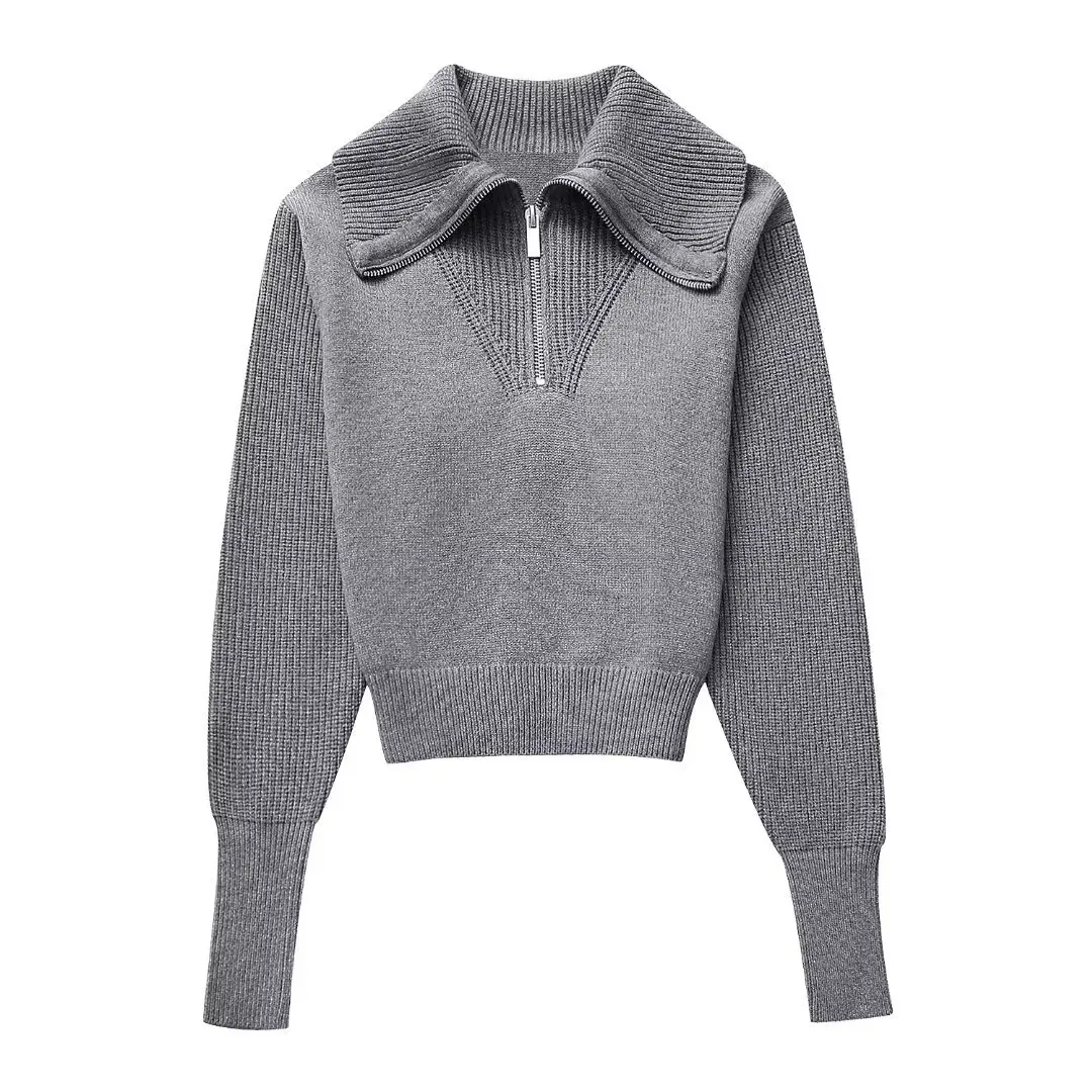 

2024 Spring Autumn New Women Knitted Zip Sweater Solid High Collar Long Sleeves Rib Trim Knit Top Slim Fit Chic Casual Pullover